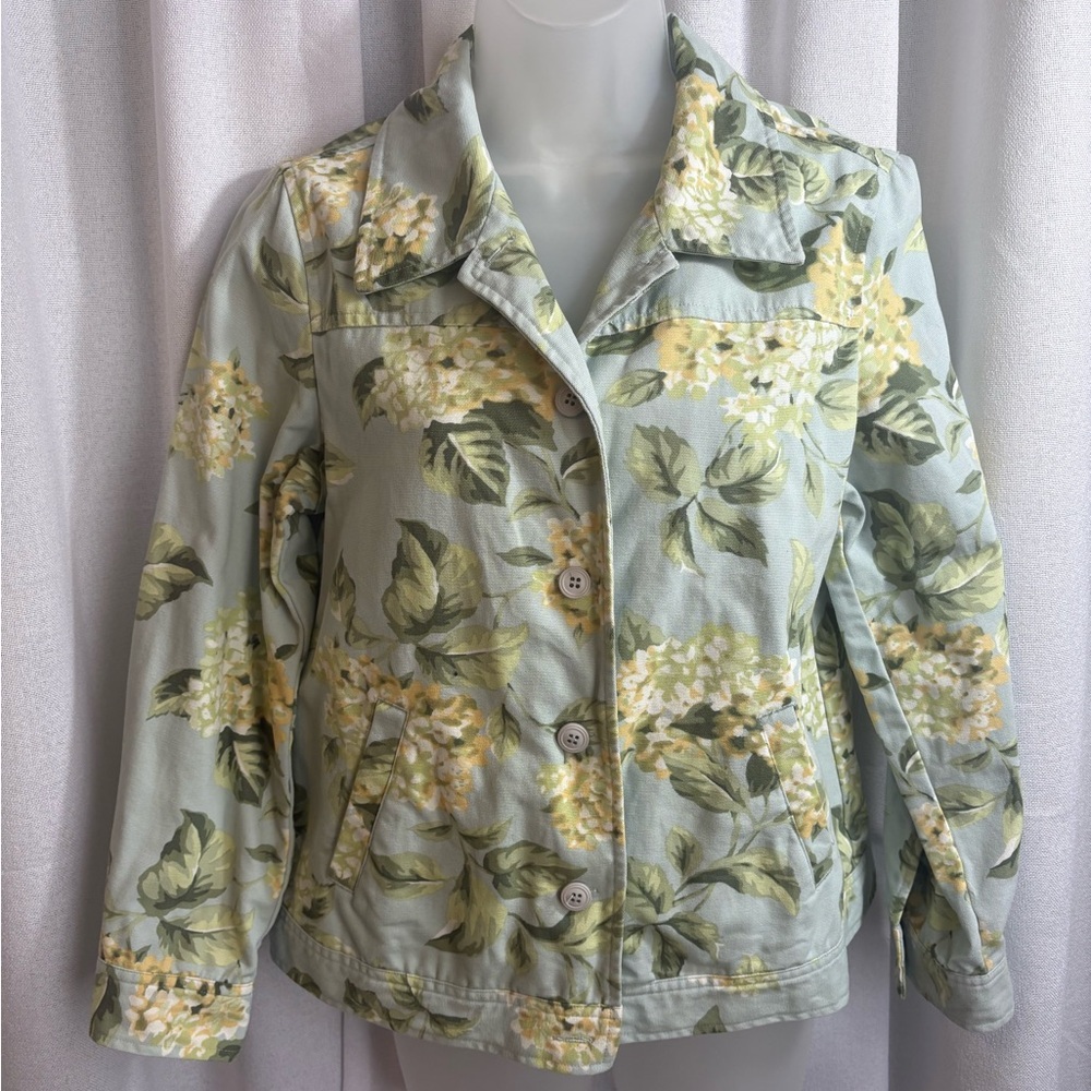 Appleseed's Jean Style Jacket Light‎ Blue Floral Hydrangeas EUC Petite M 0351